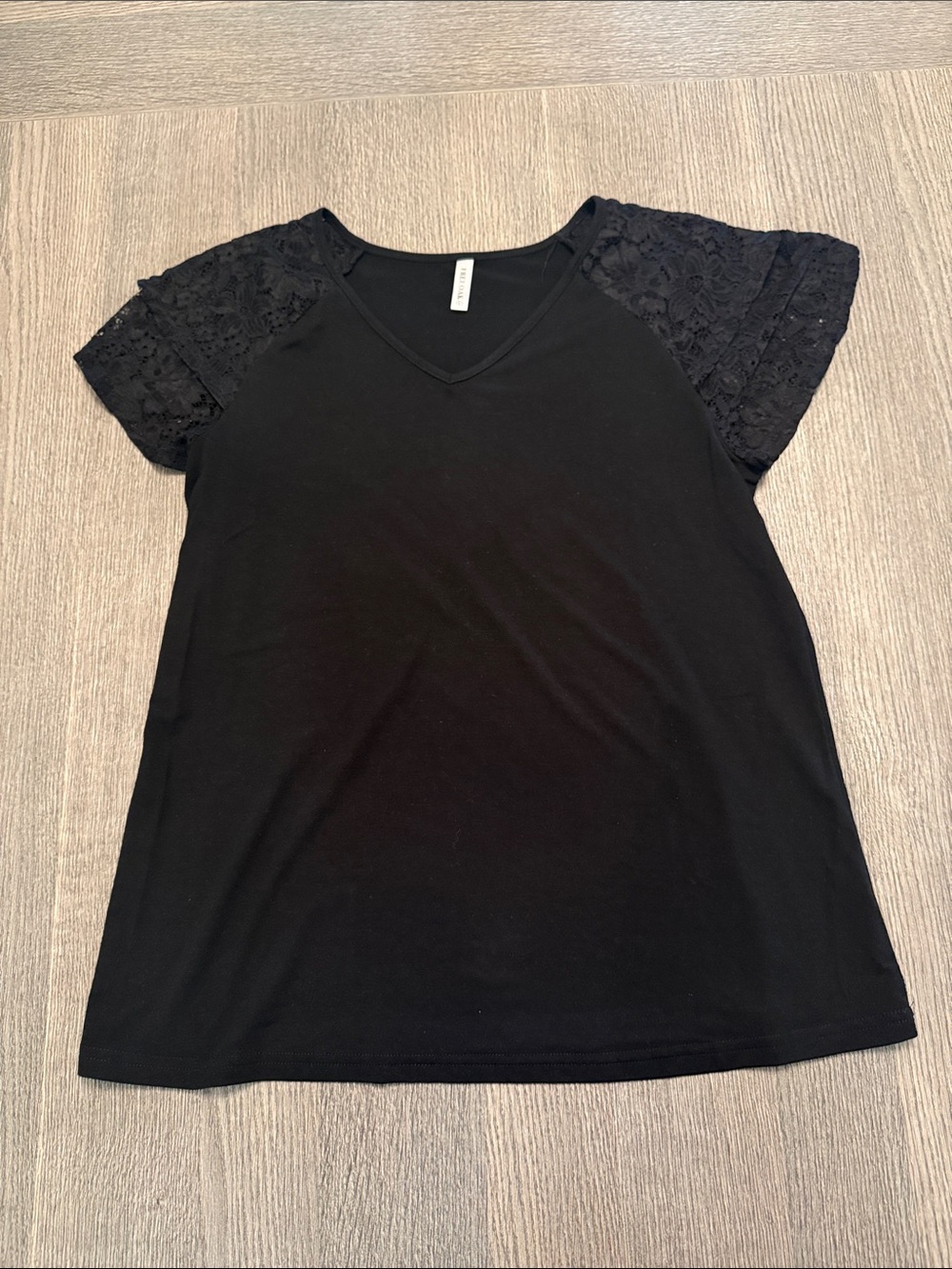 Black V-Neck Short Sleeve Top with Lace Sleeves - Women